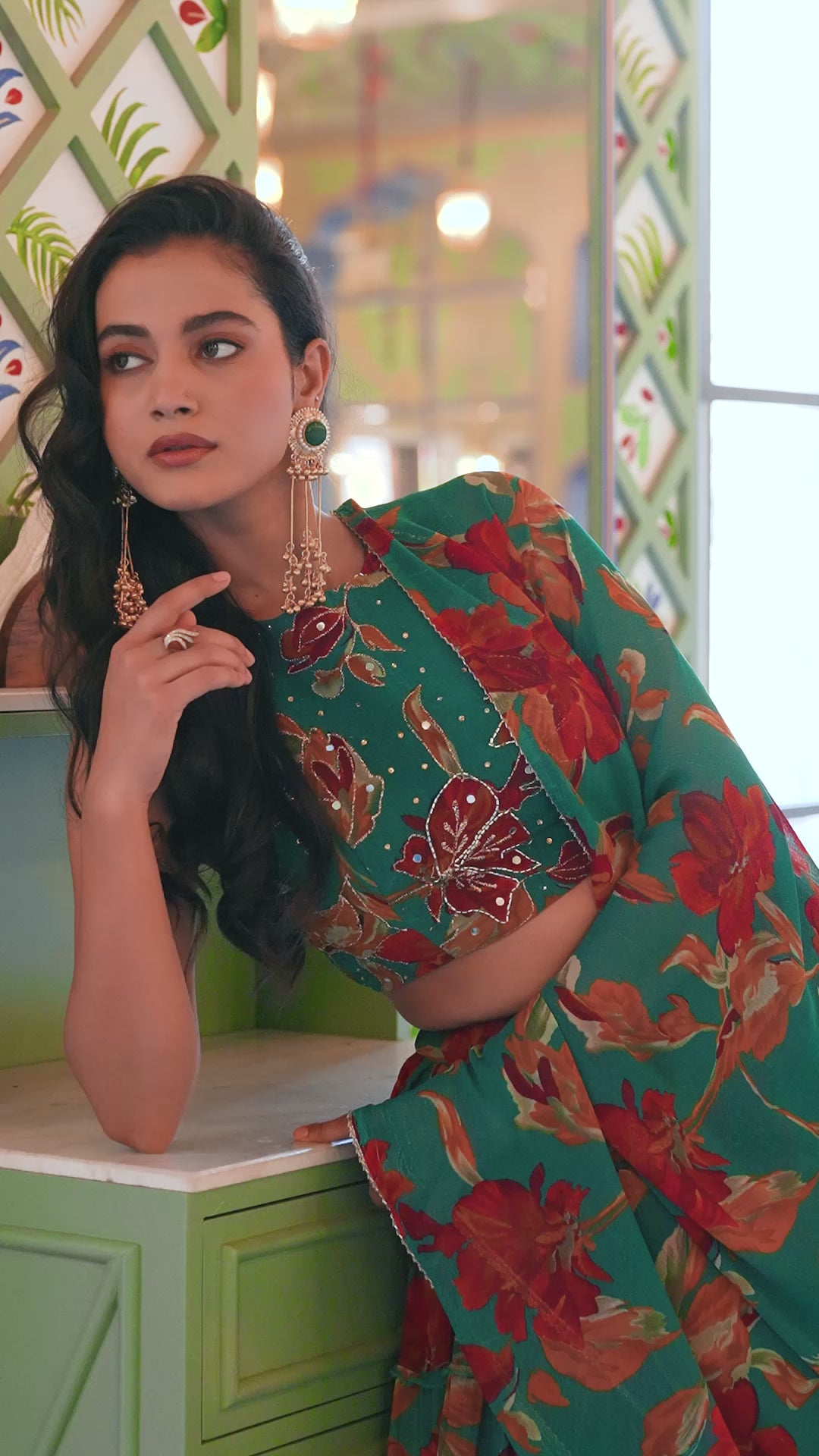 Mehndi Special Green Floral Print Lehenga Choli In Marble Silk Fabric