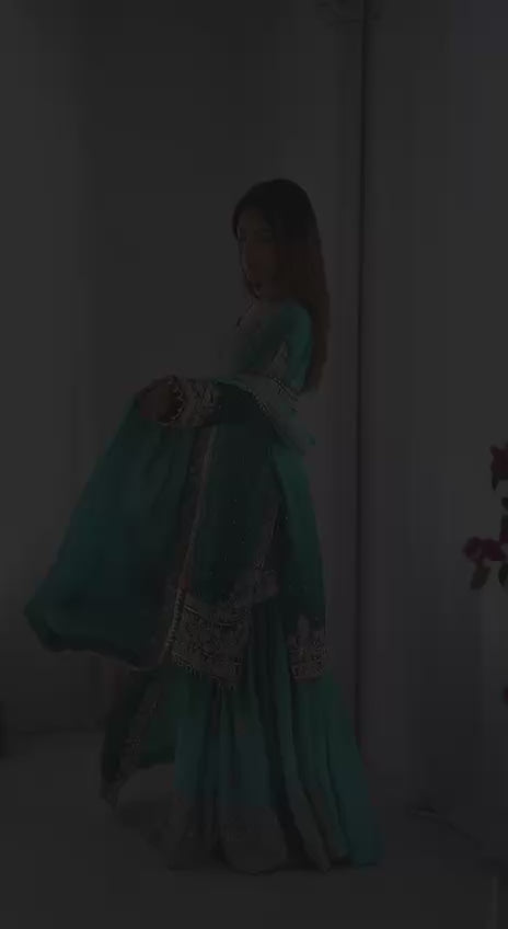 Coding Dori Embroidered Chinon Silk Sky Blue Sharara Set For Party