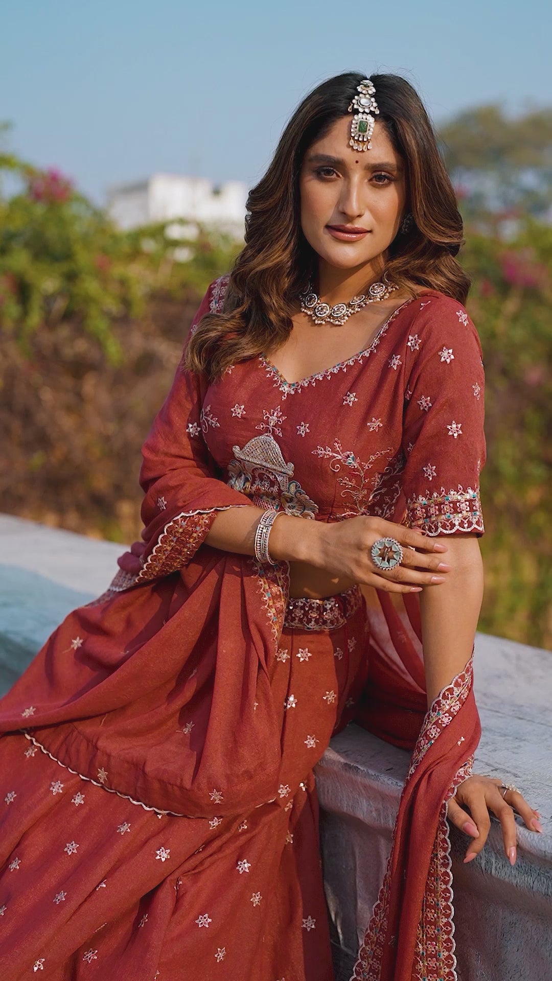 Rust Red Chocolate Crush Embroidered Festive Lehenga Choli For Women