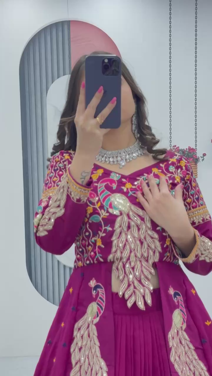 Awesome Heavy Zari Embroidered Vichitra Silk Purple Crop Top Lehenga