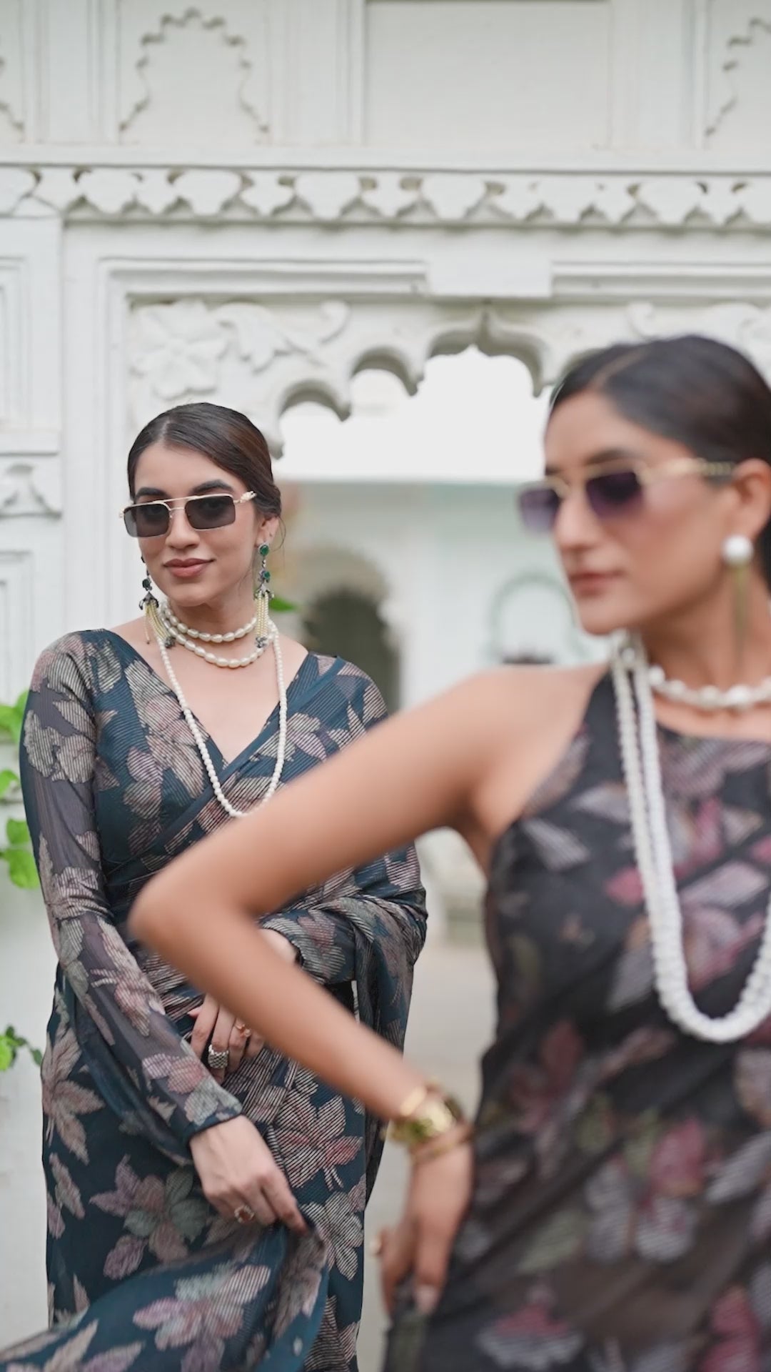 Brasso Bottle Green Floral Printed Reception Wear Saree With Blouse