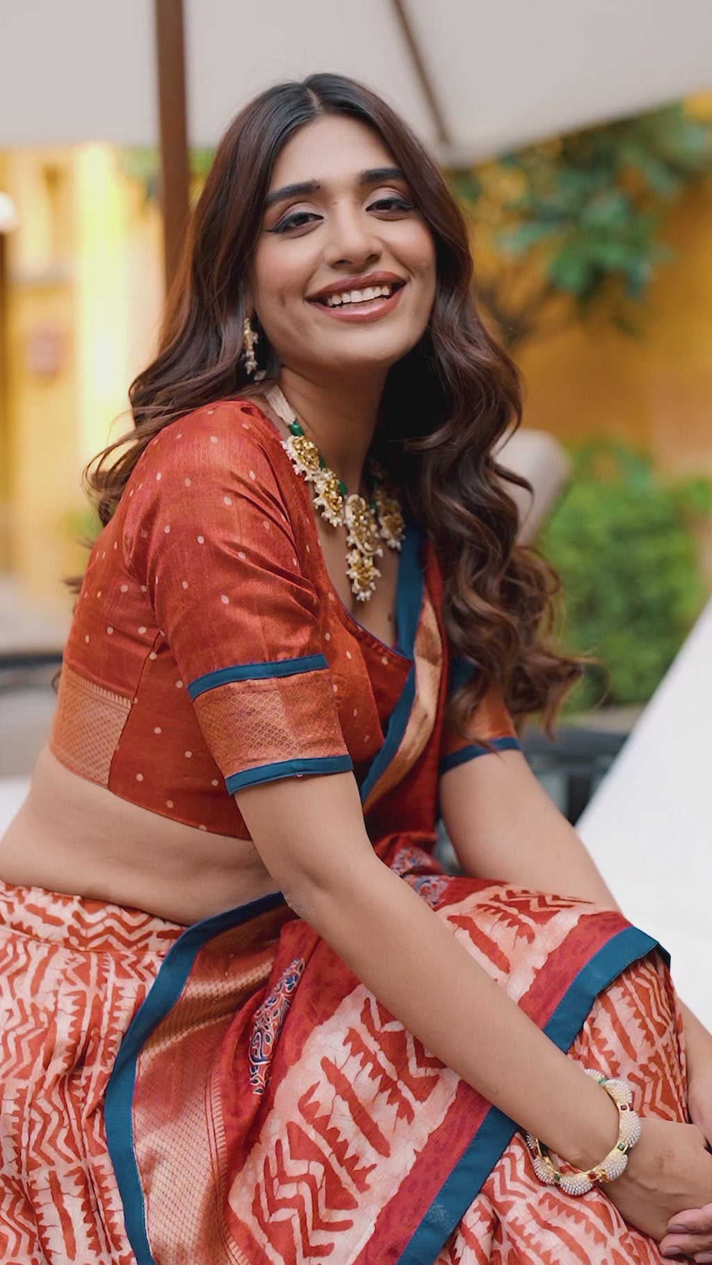 Rust Orange Batik Print With Zari Weaving Work Dola Silk Lehenga Choli