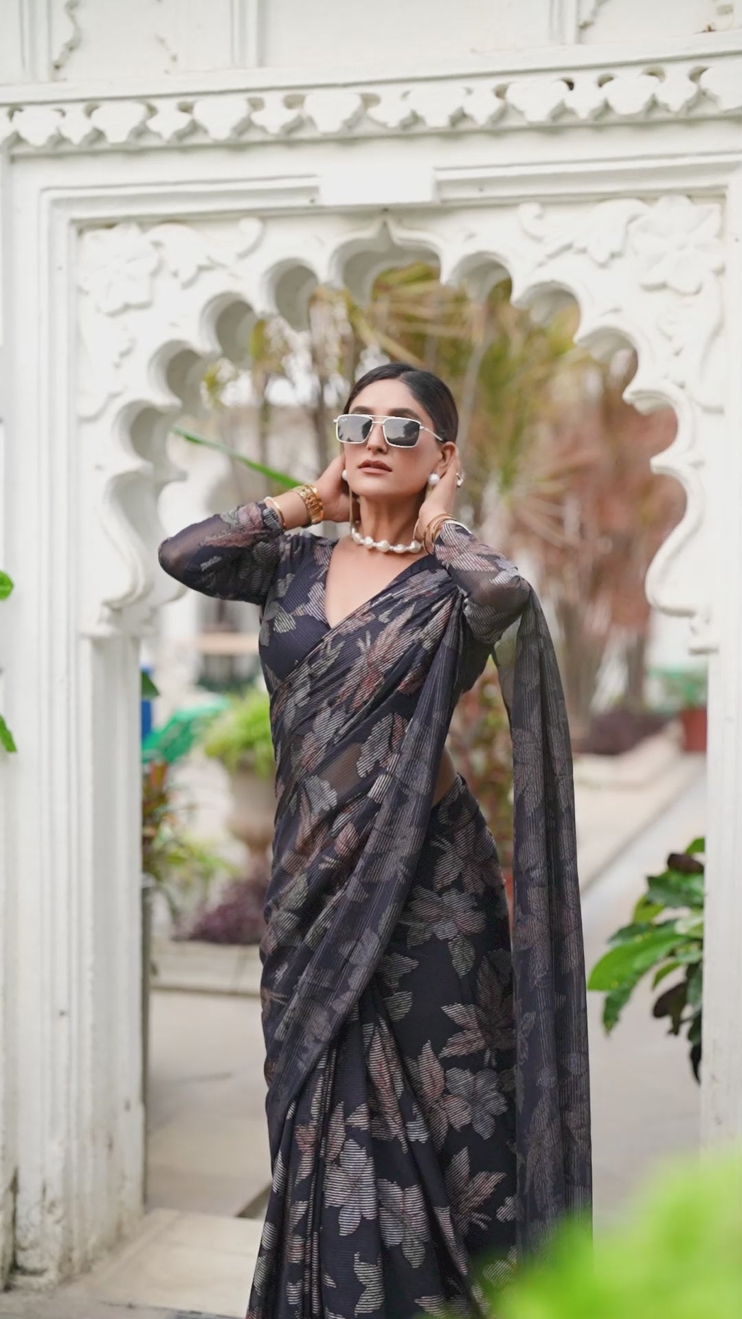 Festival Wear Floral Design Viscose Brasso Navy Blue Saree With Blouse