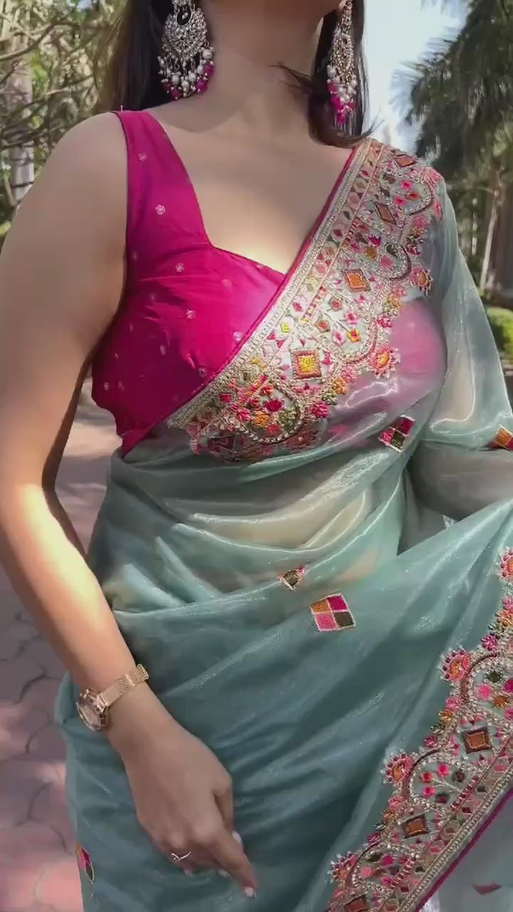 Pink Blouse With Thread Embroidered Sky Blue Net Reception Wear Saree
