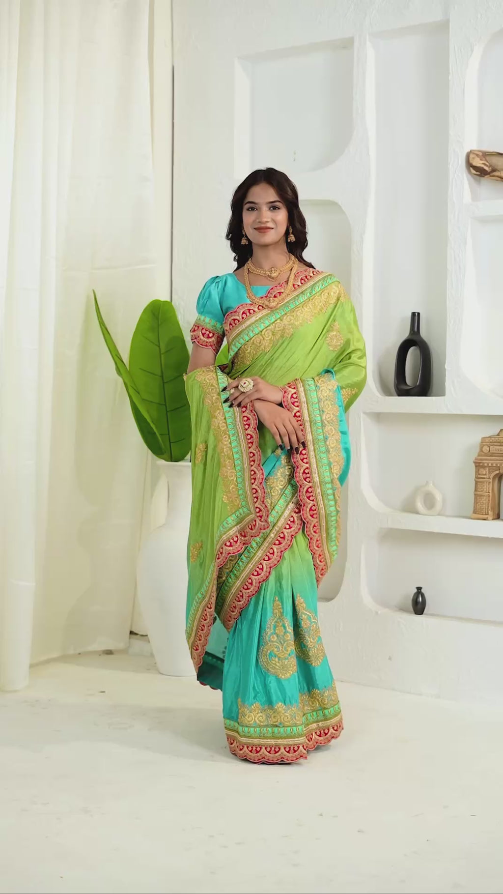 Chinon Silk Coding Work Parrot Green Wedding Wear Saree With Blouse