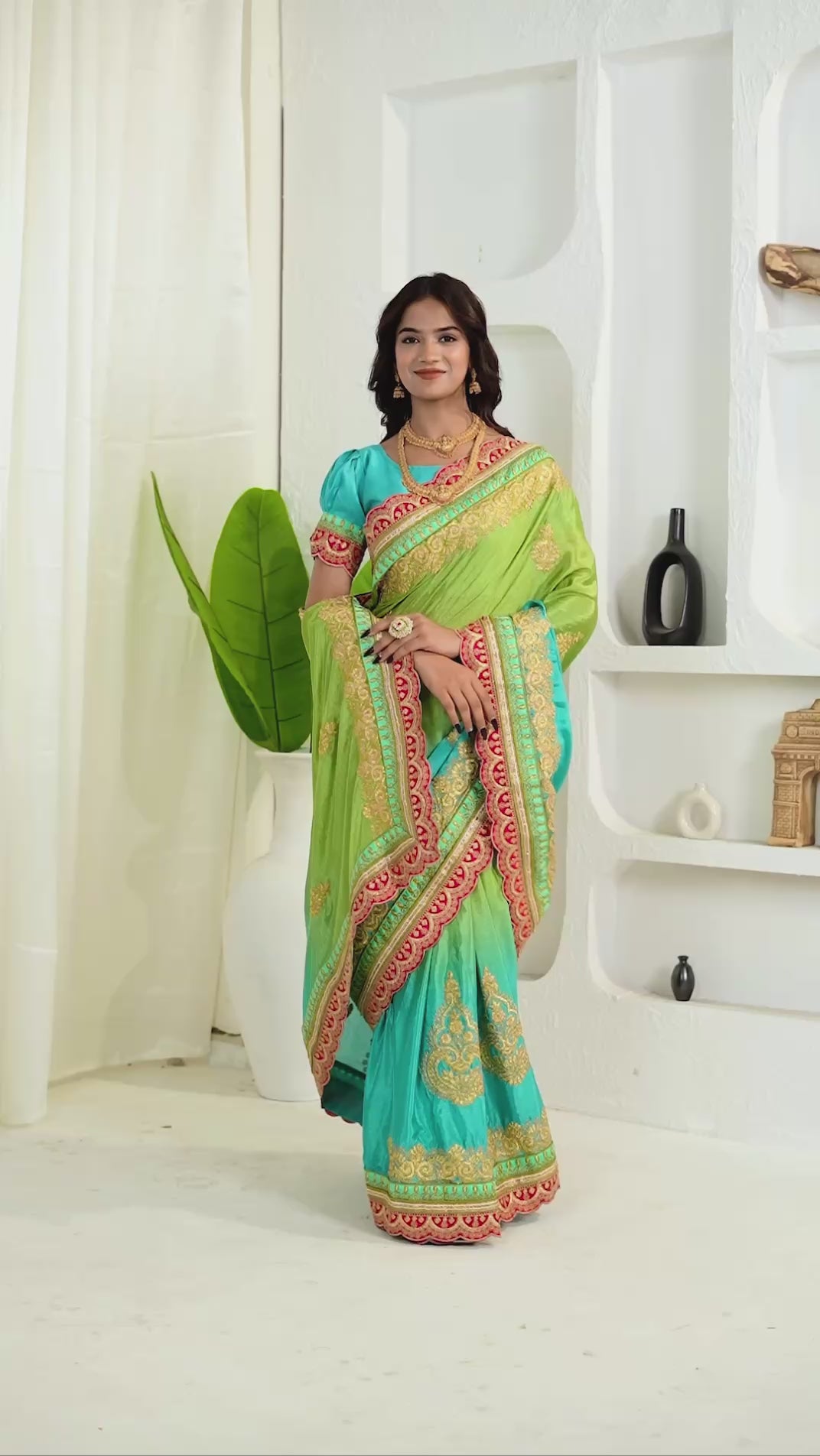 Chinon Silk Coding Work Parrot Green Wedding Wear Saree With Blouse