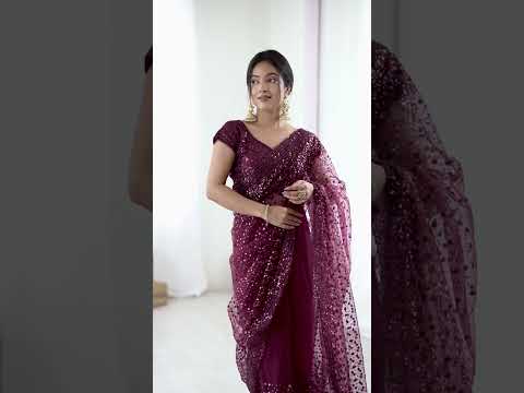 Mesmerizing Sequence Work Net Reception Wear Wine Saree With Blouse