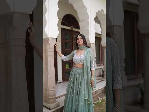 Sea Green Faux Georgette Thread Embordered With Moti Lace Lehenga Set
