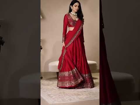 Red Vichitra Silk Thread Sequence Embroidery Lehenga Set For Wedding