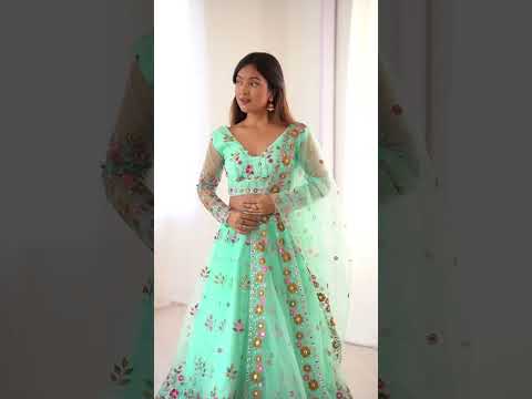 Memorable Floral Thread Embroidered Net Turquoise Blue Lehenga Choli