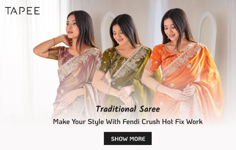 Three women wearing traditional Indian sarees in mauve, olive green, and orange with silver embroidery, set against a soft white background with the brand name TAPEE and promotional text.