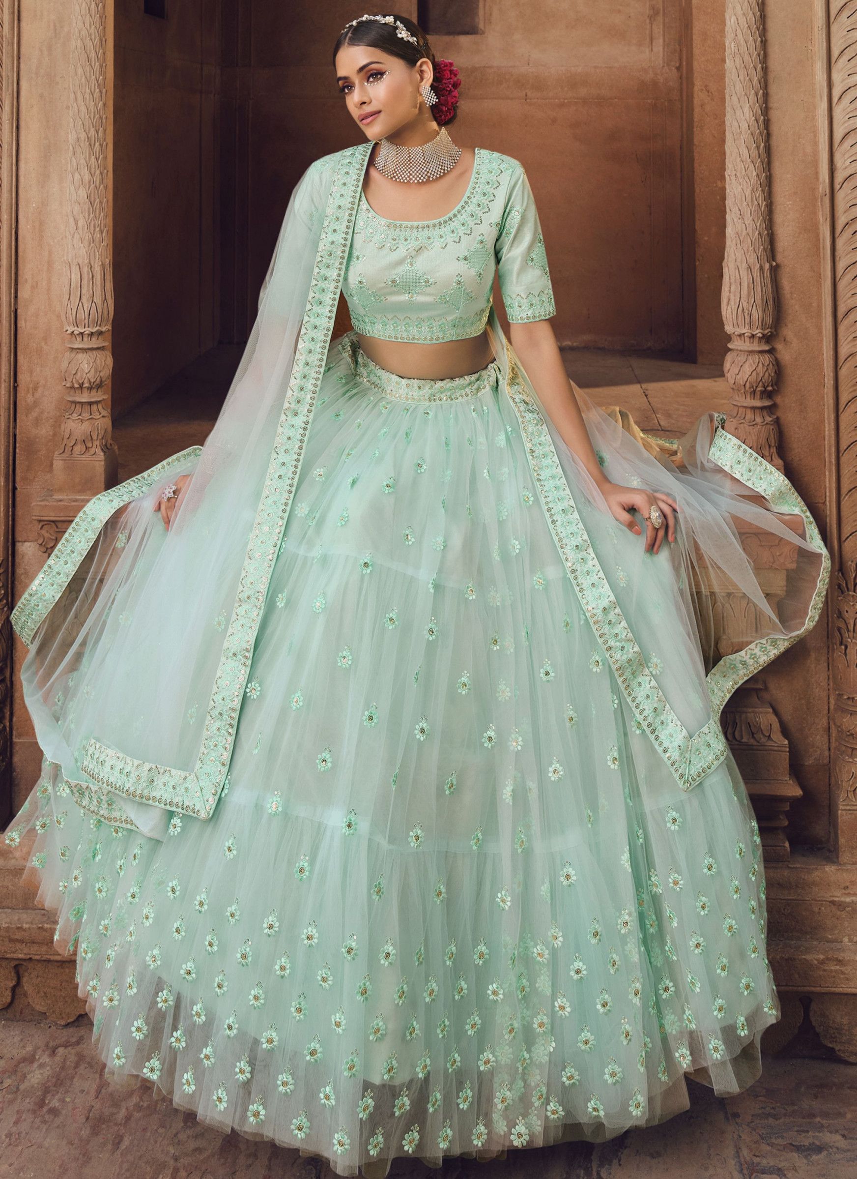 Party Wear Sky Blue Thread Work Marriage Lehenga Choli
