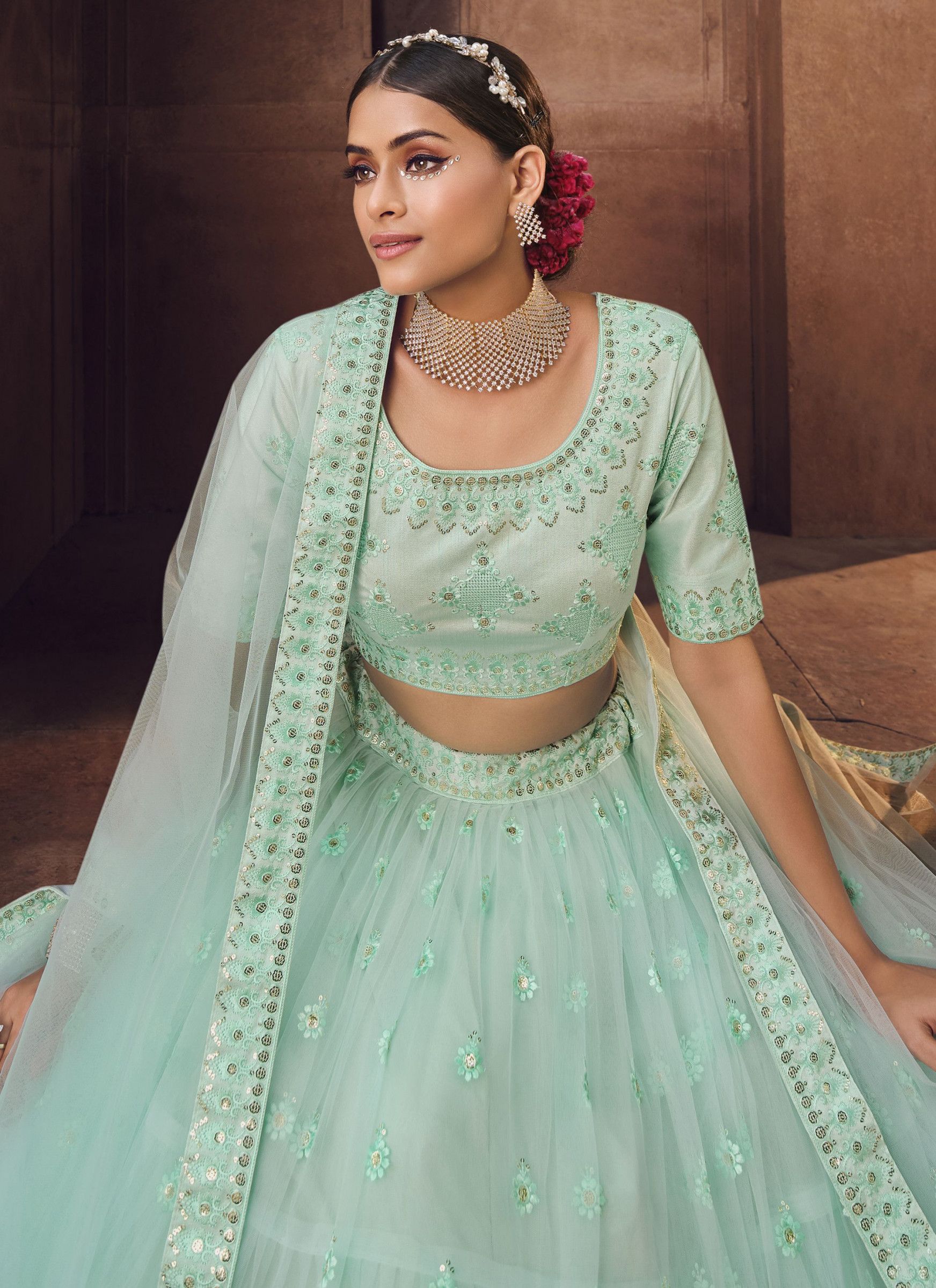 Party Wear Sky Blue Thread Work Marriage Lehenga Choli