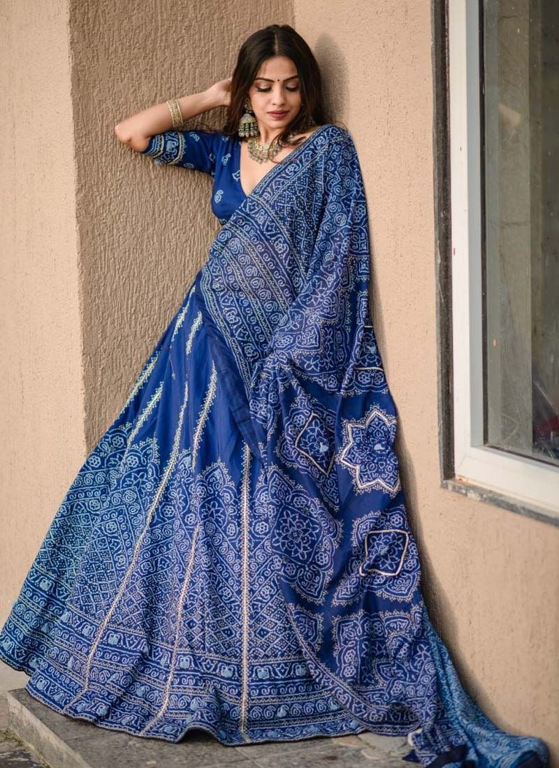 Blue Color Bandhani Print Silk Lehenga Choli – - Main Image
