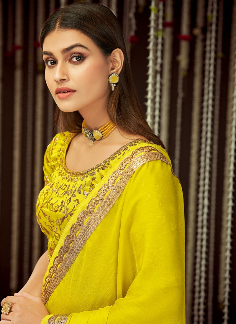 Glamorous Lemon Yellow Chinon Silk Saree for Wedding