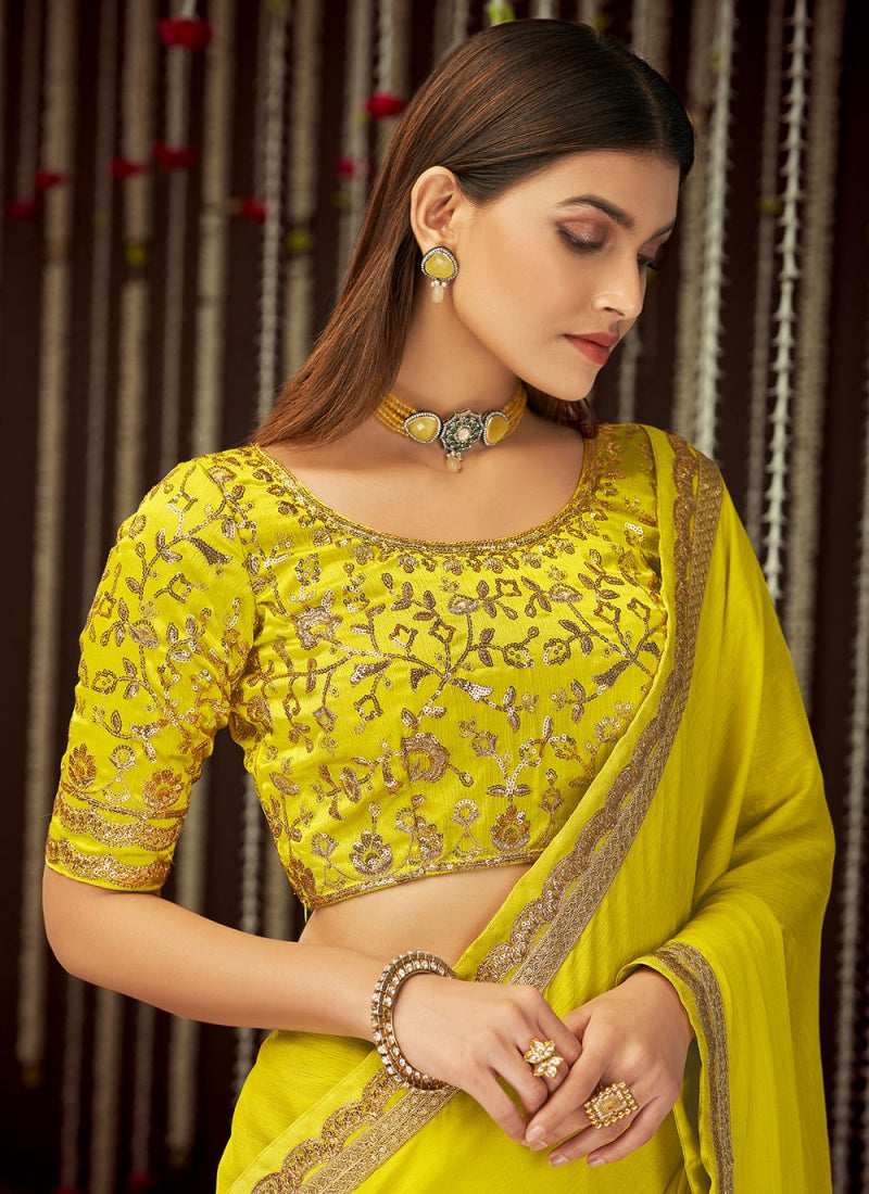 Glamorous Lemon Yellow Chinon Silk Saree for Wedding