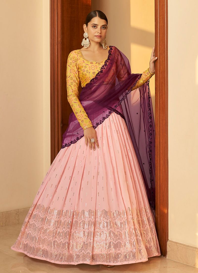 BABY PINK FABRIC PLITTING PATTERN WITH THREAD & SEQUINCE EMBROIDERED WORK  GEORGETTE PLUS SIZE LEHENGA CHOLI WITH DUPATTA - SHUBHKALA - 4148495