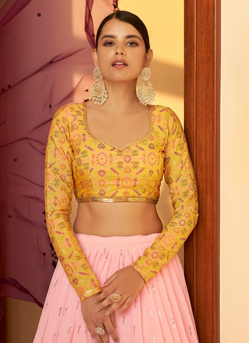 Printed Handloom Art Silk Lehenga in Pink and Yellow | lovelyweddingmall.com