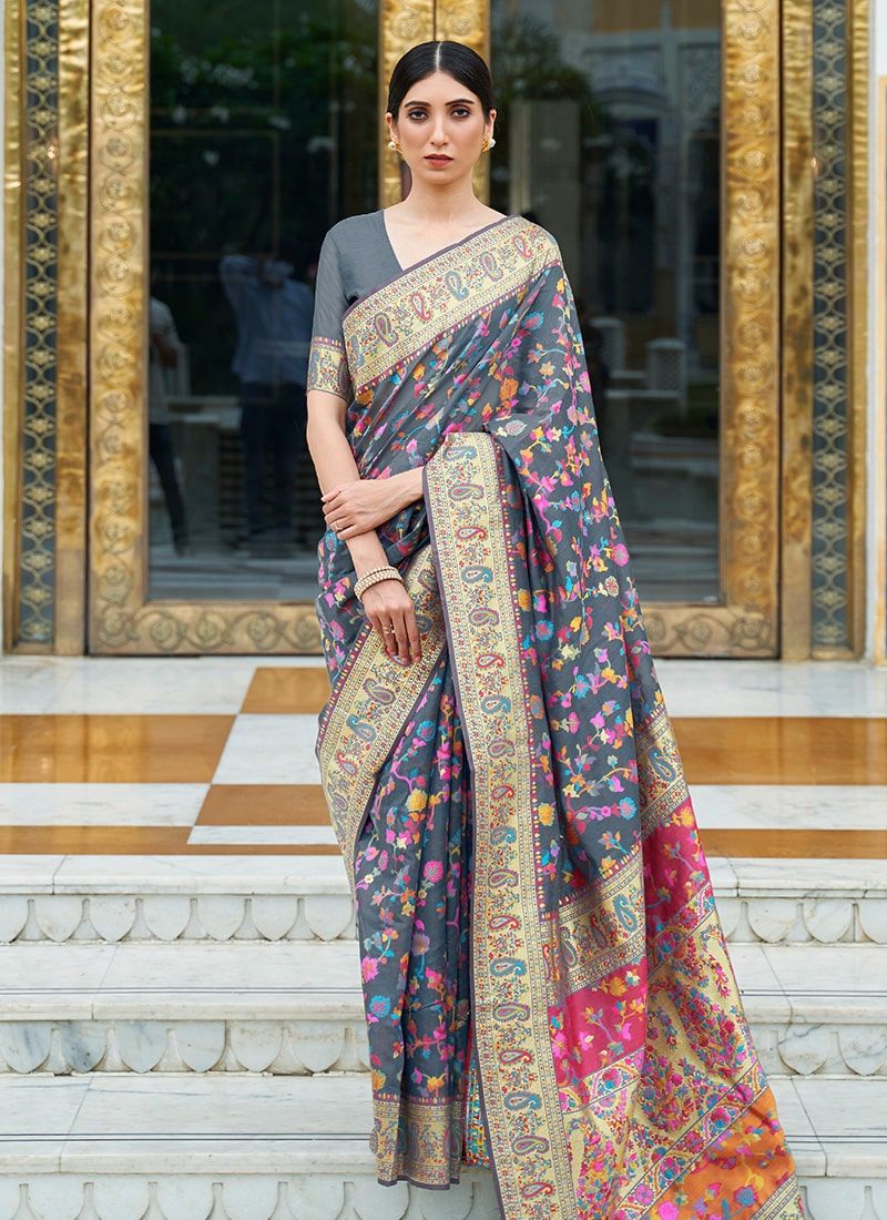 Captivating Grey Color Kashmiri Modal Handloom Weaving Silk Saree