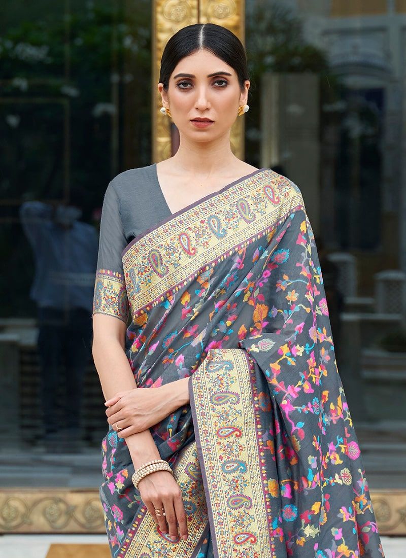 Captivating Grey Color Kashmiri Modal Handloom Weaving Silk Saree