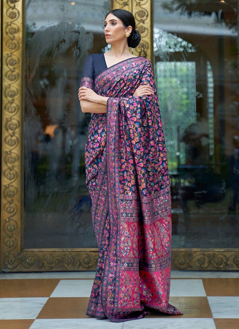 Kashmiri Embroidery Work Designer Saree in Tortilla Brown, Lilac and G –  Bengal Looms India