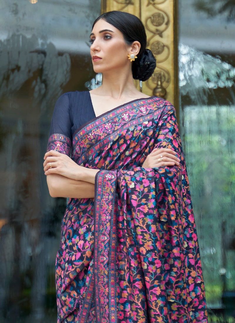 Marvelous Navy Blue Kashmiri Modal Silk Saree Blouse Design