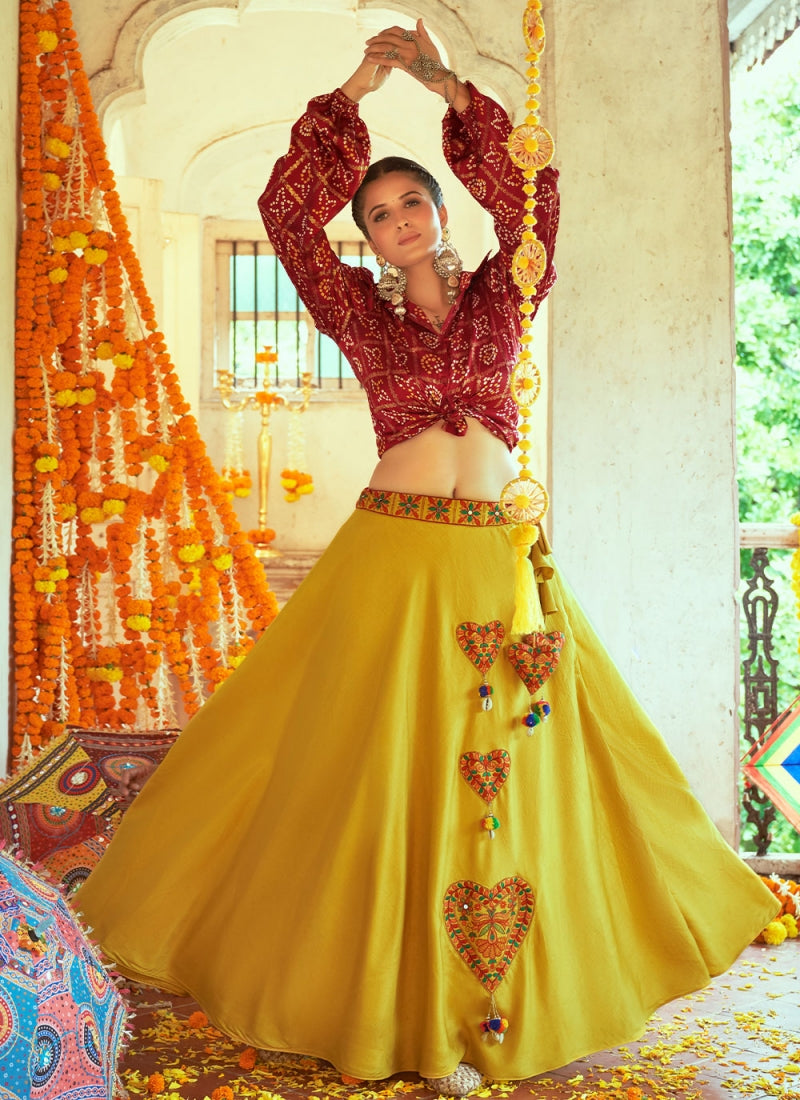 Lemon Yellow Art Silk Navratri Skirt With Bandhani Blouse