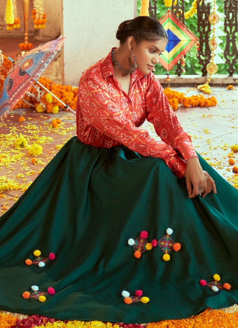 Bottle Green Embroidery Pom Pom Work Cotton Lehenga Choli – TAPEE
