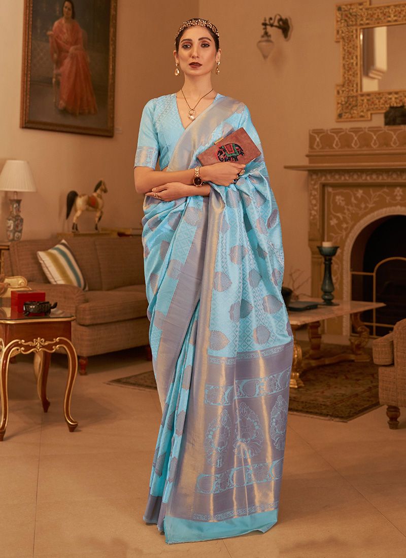 Unique Ice Blue Copper Zari Handloom Weaving Festival Saree
