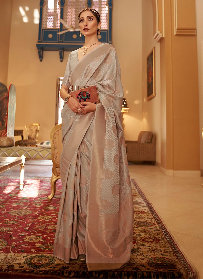 Adorable Beige Zari Bordered Handloom Silk Festive Saree