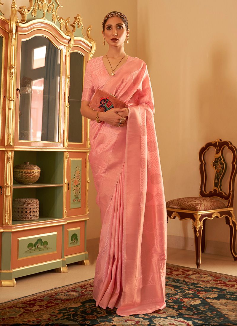 Perfect Light Pink Handloom Silk Simple Saree With Copper Zari Work
