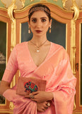 Perfect Light Pink Handloom Silk Simple Saree With Copper Zari Work