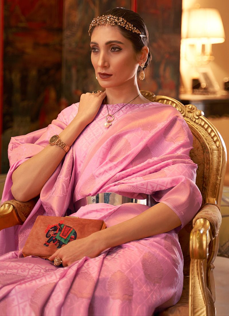 Beautiful Copper Zari Handloom Silk Pink Saree For Festival