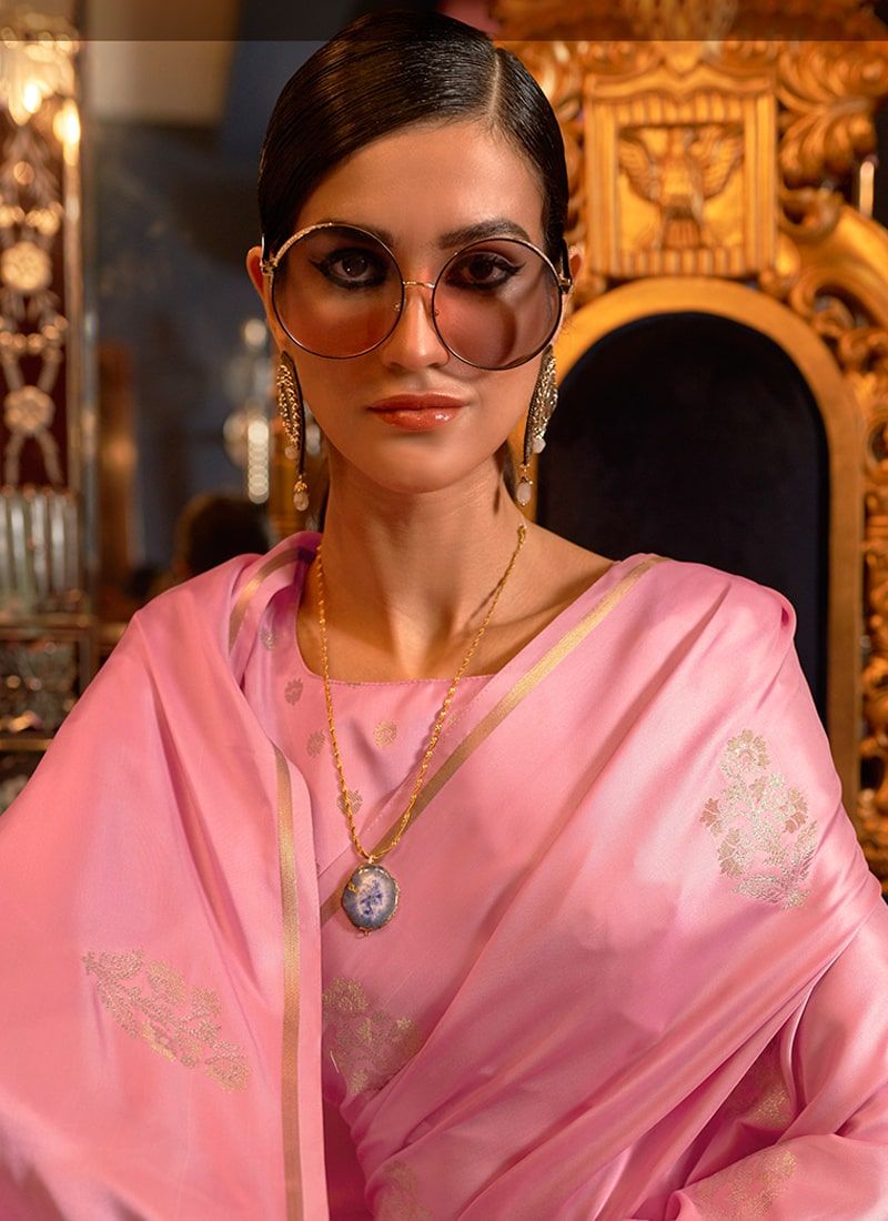 Traditional Wear Perfect Light Pink Weaving Work Satin Silk Saree