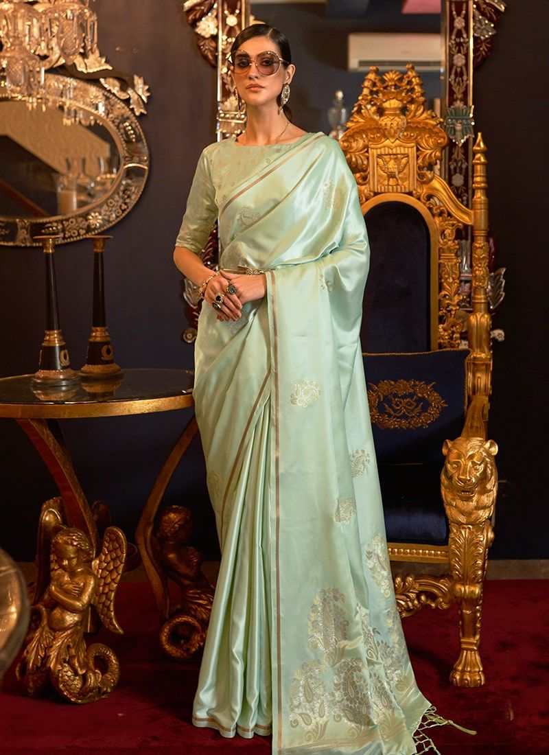 Light Pista Green Silk Zari Woven Saree With Blouse Design