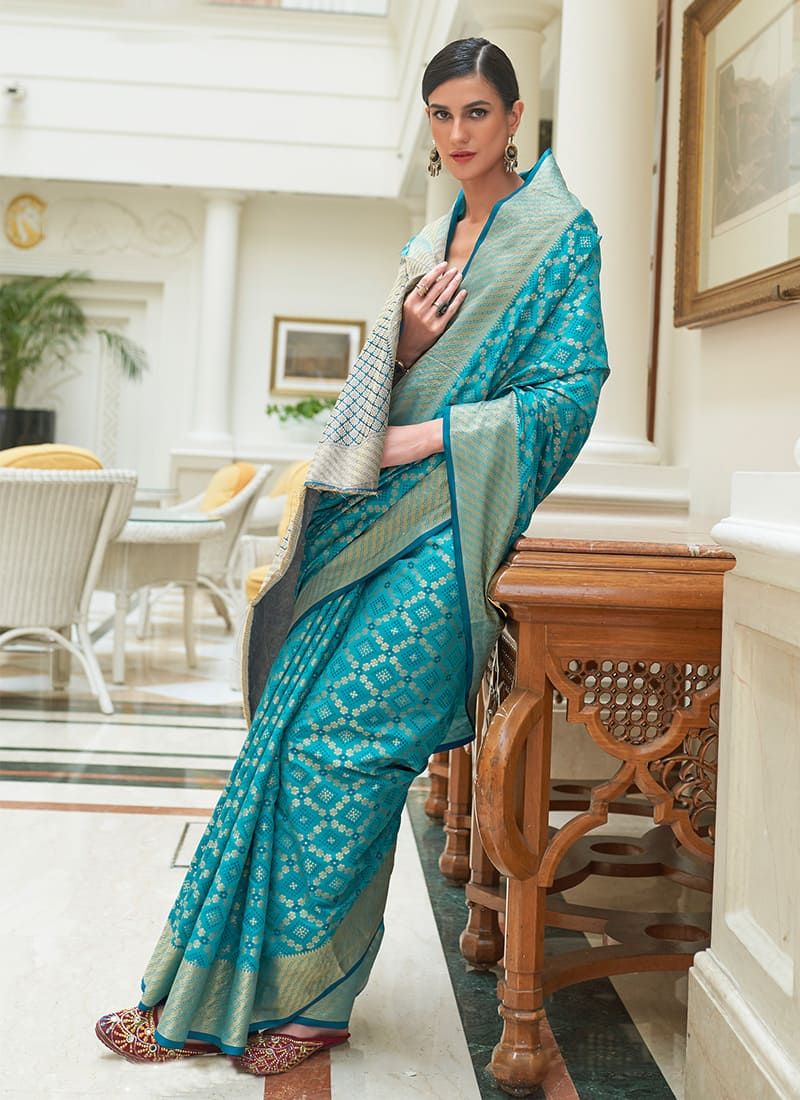 Charming Light Blue Weaving Bandhani Printed Patola Silk Saree