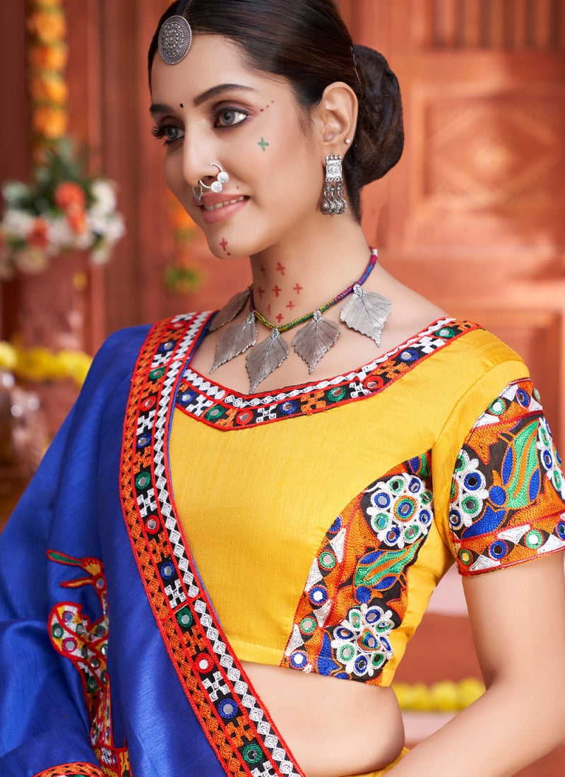 Navratri Special Art Silk Yellow Gamthi Style Mirror Chaniya Choli