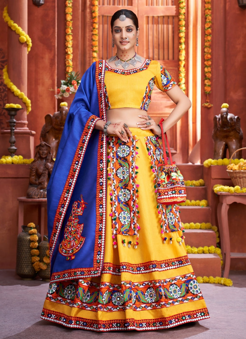 Navratri Special Art Silk Yellow Gamthi Style Mirror Chaniya Choli