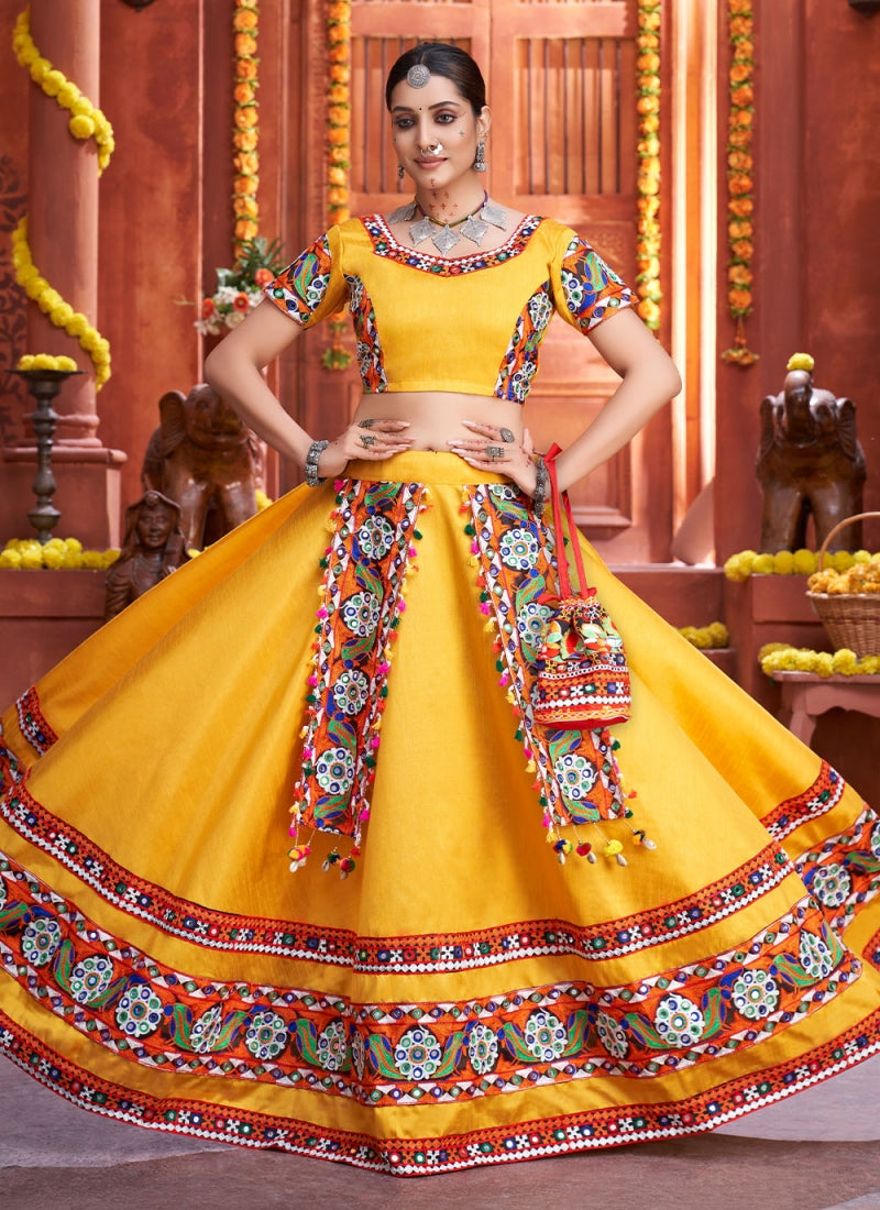 Navratri Special Art Silk Yellow Gamthi Style Mirror Chaniya Choli