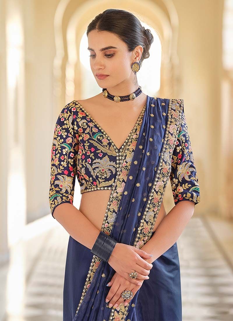 Stylish Navy Blue Ceremonial Embroidered Saree And Blouse