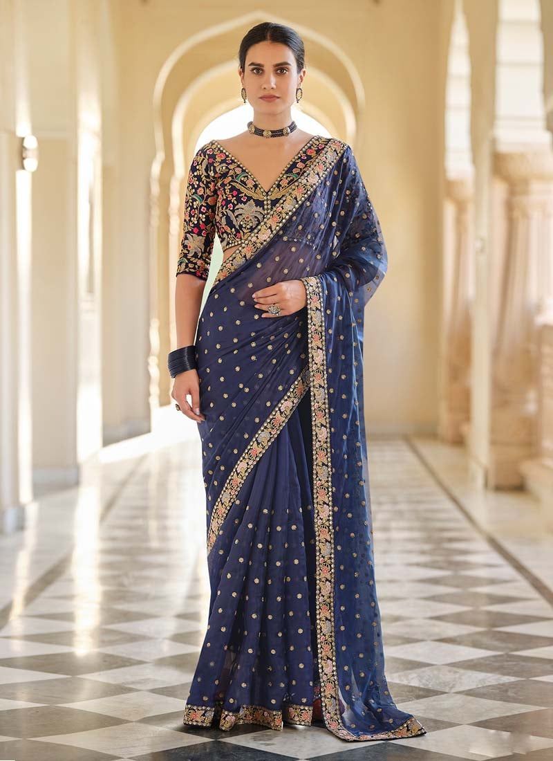 Stylish Navy Blue Ceremonial Embroidered Saree And Blouse