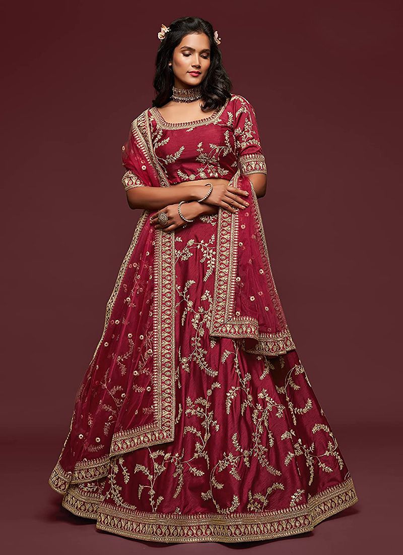 Art Silk Simple Maroon Colour Lehenga With Embroidery Work