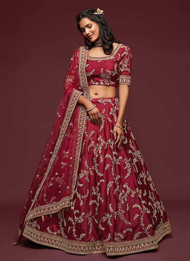 Art Silk Simple Maroon Colour Lehenga With Embroidery Work