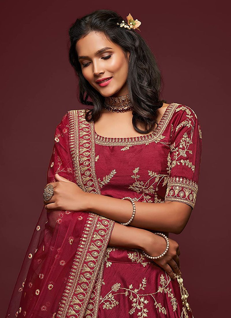 Art Silk Simple Maroon Colour Lehenga With Embroidery Work