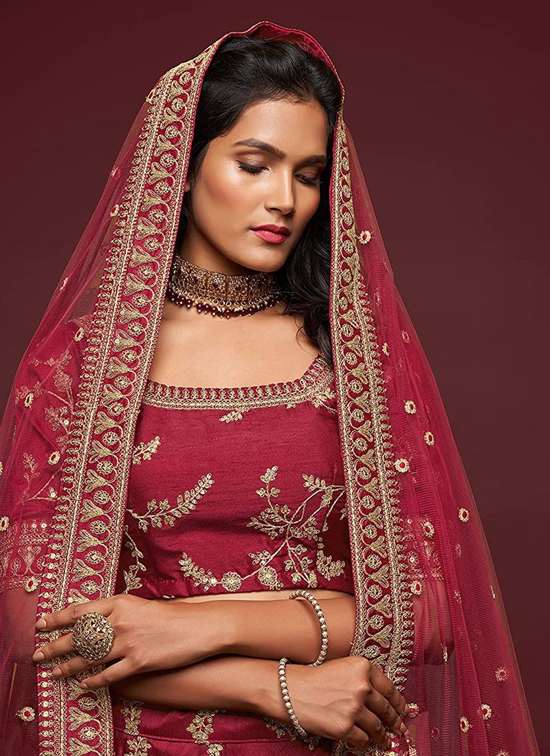 Art Silk Simple Maroon Colour Lehenga With Embroidery Work