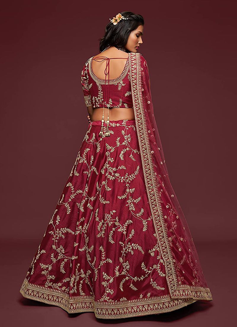Art Silk Simple Maroon Colour Lehenga With Embroidery Work