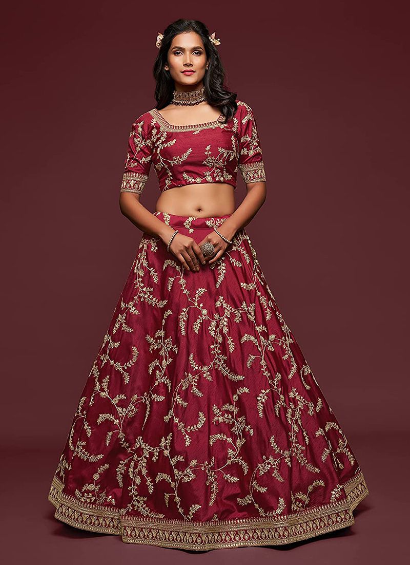 Art Silk Simple Maroon Colour Lehenga With Embroidery Work