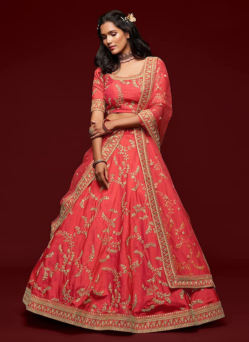 Wedding Red Bridal Lehenga With Embroidery Work