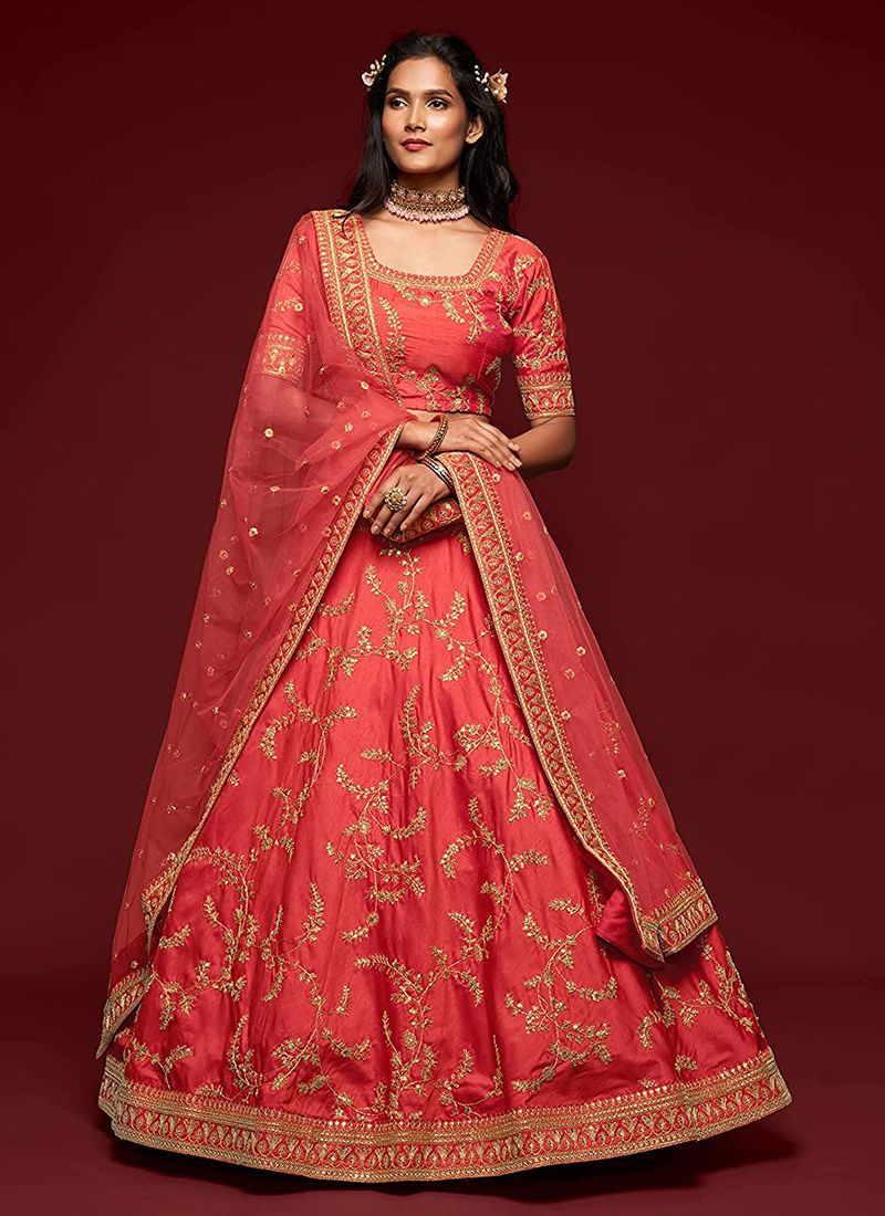Wedding Red Bridal Lehenga With Embroidery Work