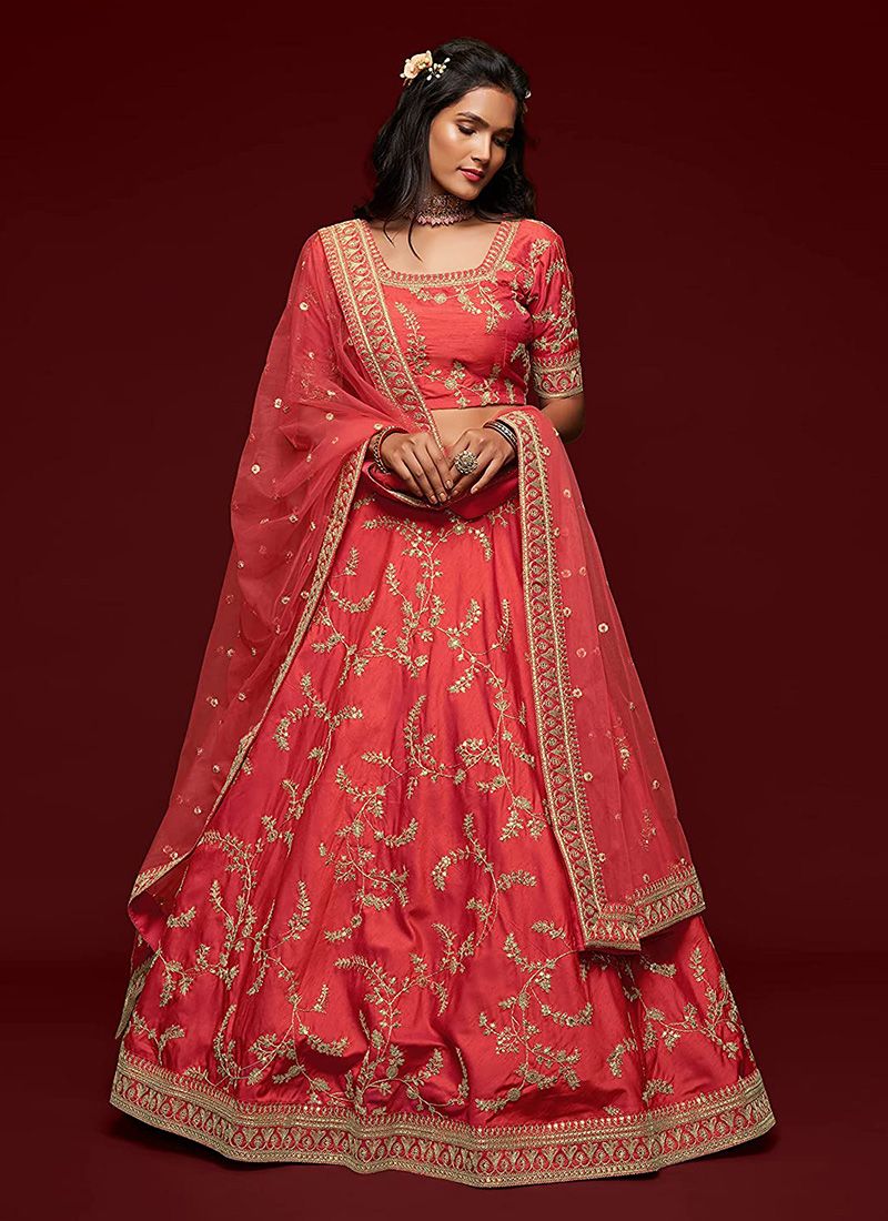 Wedding Red Bridal Lehenga With Embroidery Work